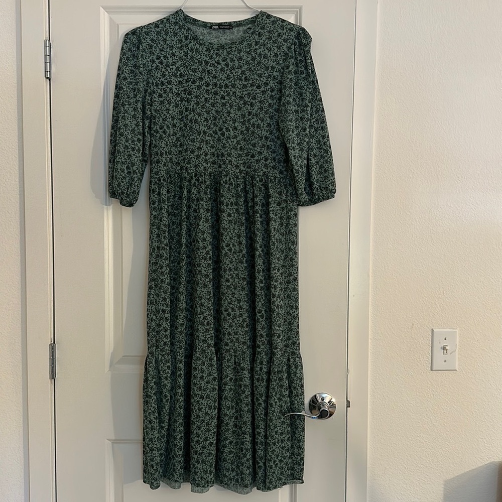Zara Green Black Flowers Floral Flowy Maxi Dress US Size S